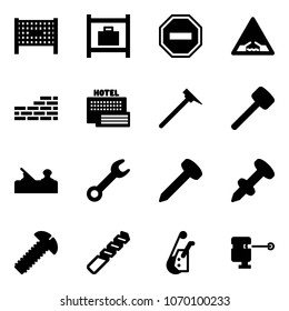 Solid vector icon set - fenced area vector, baggage room, no way road sign, drawbridge, brick wall, sea hotel, mason hammer, rubber, jointer, wrench, nail, dowel, screw, drill, winch, laser lever