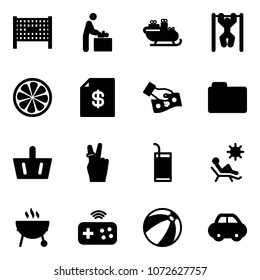 Solid vector icon set - fenced area vector, baby room, santa sleigh, pull ups, lemon slice, account statement, cash pay, folder, basket, victory, drink, beach, grill, joystick wireless, ball, car
