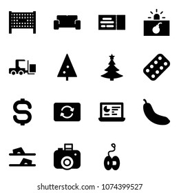 Solid vector icon set - fenced area vector, vip waiting, ticket, terrorism, fork loader, christmas tree, pills blister, dollar sign, card exchange, statistics monitor, banana, flip flops, camera