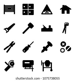 Solid vector icon set - fenced area vector, baggage room, drawbridge road sign, home, saw, rubber hammer, jointer, plumber, bolt cutter, screwdriver, nail dowel, rivet, Angular grinder, jig