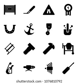 Solid vector icon set - fenced area vector, scalpel, Road narrows sign, gold medal, luck, anchor, piston, casting of steel, bucksaw, bolt, screw, cocncrete mixer, winch, pipe welding, allen key set