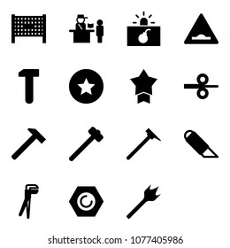 Solid vector icon set - fenced area vector, passport control, terrorism, artificial unevenness road sign, work, star medal, steel rolling, hammer, sledgehammer, mason, knife, plumber, nut