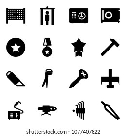 Solid vector icon set - fenced area vector, metal detector gate, safe, star medal, hammer, work knife, plumber, screw, milling cutter, welding, pipe, allen key set, forceps