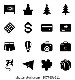 Solid vector icon set - fenced area vector, recieptionist, christmas tree, pills blister, dollar, credit card, swimsuit, air balloon, camera, case, kite, paper plane, puzzle, basketball