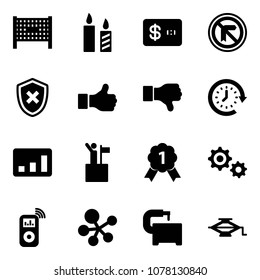 Solid vector icon set - fenced area vector, candle, credit card, shield cross, like, dislike, clock around, statistics, win, gold medal, gear, music player, molecule, machine tool, jack