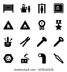 Solid vector icon set - fenced area vector, passport control, metal detector gate, safe, Road narrows sign, gold medal, star, casting of steel, bolt cutter, nail, screw, nut, welding, allen key