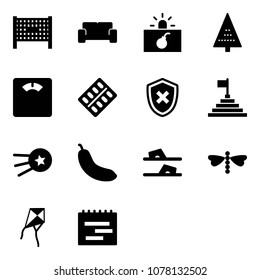 Solid vector icon set - fenced area vector, vip waiting, terrorism, christmas tree, floor scales, pills blister, shield cross, pyramid flag, first satellite, banana, flip flops, dragonfly, kite