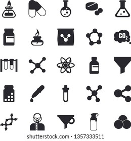 Solid vector icon set - fertilizer flat vectory, carbon dioxide vector, funnel, molecules, pills, vial, pipette, ampoule, flask, molecule, atom, gas burner, scientist, beakers, dna, vitamins