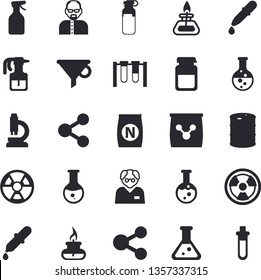 Solid vector icon set - fertilizer flat vectory, pulverizer vector, chemistry, oil tanks, radiation, funnel, molecules, pipette, medical analysis, ampoule, flask, microscope, gas burner, scientist