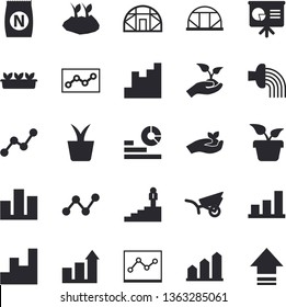 Solid vector icon set - fertilizer flat vectory, home plant vector, seedlings, planting plants, hose irrigation, garden wheelbarrow, greenhouse, chart, statistics, scatter, statistic, point diagram