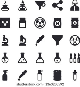Solid vector icon set - fertilizer flat vectory, pulverizer vector, chemistry, oil tanks, radiation, funnel, molecules, pipette, medical analysis, ampoule, flask, microscope, gas burner, scientist