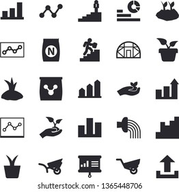 Solid vector icon set - fertilizer flat vectory, home plant vector, seedlings, planting plants, hose irrigation, garden wheelbarrow, greenhouse, chart, statistics, scatter, statistic, point diagram
