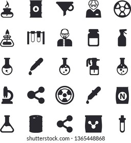 Solid vector icon set - fertilizer flat vectory, pulverizer vector, chemistry, oil tanks, radiation, funnel, molecules, pipette, medical analysis, flask, microscope, gas burner, scientist, beakers