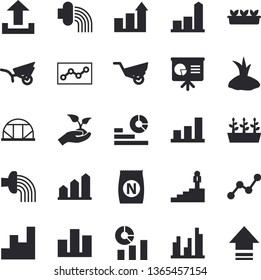 Solid vector icon set - fertilizer flat vectory, seedlings vector, planting plants, hose irrigation, garden wheelbarrow, greenhouse, chart, statistics, scatter, statistic, point diagram, achievement