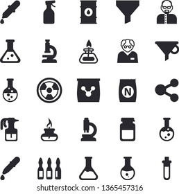 Solid vector icon set - fertilizer flat vectory, pulverizer vector, chemistry, oil tanks, radiation, funnel, molecules, pipette, medical analysis, ampoule, flask, microscope, gas burner, scientist