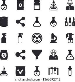 Solid vector icon set - fertilizer, chemistry, oil tanks, radiation, funnel, molecules, medical analysis, ampoule, flask, microscope, gas burner, scientist, beakers