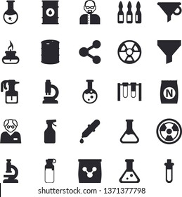 Solid vector icon set - fertilizer flat vectory, pulverizer vector, chemistry, oil tanks, radiation, funnel, molecules, pipette, medical analysis, ampoule, flask, microscope, gas burner, scientist