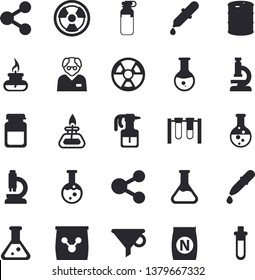 Solid vector icon set - fertilizer flat vectory, pulverizer vector, chemistry, oil tanks, radiation, funnel, molecules, pipette, medical analysis, ampoule, flask, microscope, gas burner, scientist