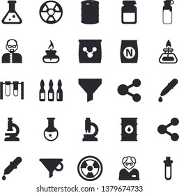 Solid vector icon set - fertilizer flat vectory, oil tanks vector, radiation, funnel, molecules, pipette, medical analysis, ampoule, flask, microscope, gas burner, scientist, beakers