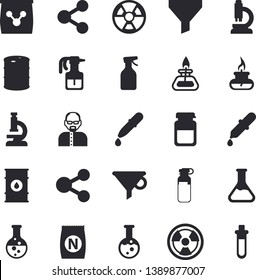 Solid vector icon set - fertilizer flat vectory, pulverizer vector, chemistry, oil tanks, radiation, funnel, molecules, pipette, medical analysis, ampoule, flask, microscope, gas burner, scientist