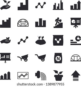 Solid vector icon set - fertilizer flat vectory, home plant vector, seedlings, planting plants, hose irrigation, garden wheelbarrow, greenhouse, chart, statistics, scatter, statistic, point diagram