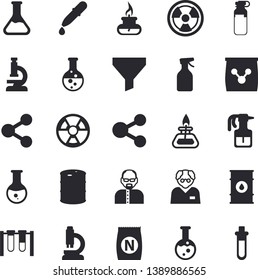 Solid vector icon set - fertilizer flat vectory, pulverizer vector, chemistry, oil tanks, radiation, funnel, molecules, pipette, medical analysis, ampoule, flask, microscope, gas burner, scientist