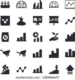 Solid vector icon set - fertilizer flat vectory, seedlings vector, planting plants, garden wheelbarrow, greenhouse, chart, statistics, scatter, statistic, point diagram, career ladder, achievement