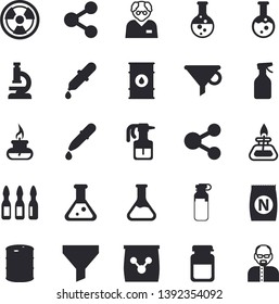 Solid vector icon set - fertilizer flat vectory, pulverizer vector, chemistry, oil tanks, radiation, funnel, molecules, pipette, medical analysis, ampoule, flask, microscope, gas burner, scientist