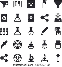 Solid vector icon set - fertilizer flat vectory, pulverizer vector, chemistry, oil tanks, radiation, funnel, molecules, pipette, medical analysis, ampoule, flask, microscope, gas burner, scientist