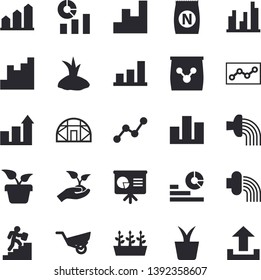 Solid vector icon set - fertilizer flat vectory, home plant vector, seedlings, planting plants, hose irrigation, garden wheelbarrow, greenhouse, chart, statistics, scatter, statistic, point diagram