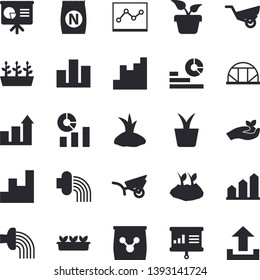 Solid vector icon set - fertilizer flat vectory, home plant vector, seedlings, planting plants, hose irrigation, garden wheelbarrow, greenhouse, chart, statistics, statistic, point diagram, upload