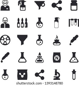 Solid vector icon set - fertilizer flat vectory, pulverizer vector, chemistry, radiation, funnel, molecules, pipette, medical analysis, ampoule, flask, microscope, gas burner, scientist, beakers