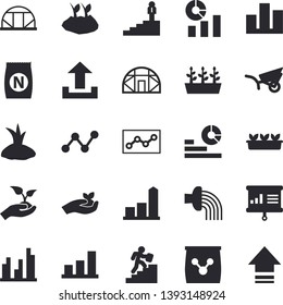 Solid vector icon set - fertilizer flat vectory, seedlings vector, planting plants, hose irrigation, garden wheelbarrow, greenhouse, chart, statistics, scatter, statistic, point diagram, upload