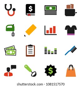 solid vector icon set - fetlock vector, ladle, mixer, toaster, pencil, graph, cash, annual report, dollar medal, t shirt, money, clipboard, equalizer, speaking man, stethoscope, shopping bag