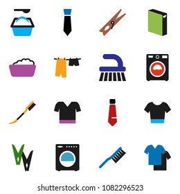solid vector icon set - fetlock vector, clothespin, car, drying clothes, washer, foam basin, washing powder, tie, t shirt