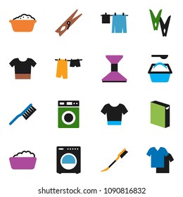 solid vector icon set  - fetlock vector, clothespin, car, drying clothes, washer, foam basin, washing powder, t shirt