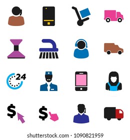 solid vector icon set - fetlock vector, car, cleaner woman, dollar cursor, support, delivery, mobile phone, doctor, 24 hour, trolley