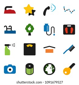 solid vector icon set - fetlock vector, iron, steaming, sprayer, toilet paper, constellation, scales, earth, dry cargo, camera, drop counter, pool, fruit tree, star, password
