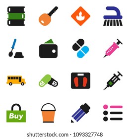 solid vector icon set - fetlock vector, bucket, toilet brush, book, pencil, school bus, scales, flammable, syringe, pills, key, wallet, buy, menu