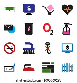 solid vector icon set - fetlock vector, iron, liquid soap, graduate hat, check, monitor dollar, enegry drink, no smoking, oxygen, consolidated cargo, hook, heart pulse, mail, fence