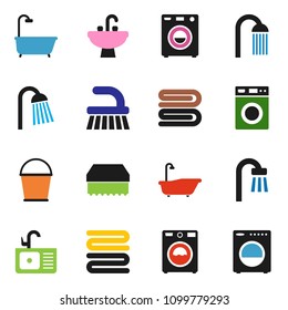 solid vector icon set - fetlock vector, bucket, sponge, towel, bath, washer, shower, sink