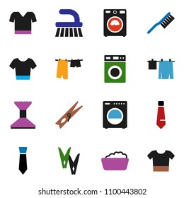 solid vector icon set - fetlock vector, clothespin, car, drying clothes, washer, foam basin, tie, t shirt