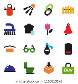 solid vector icon set - fetlock vector, toilet, apron, dish, glasses, bell, shuttlecock, dry cargo, tulip, package, link, battery, potion, fence, smart home, buy