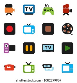 solid vector icon set - film spool vector, tv, gamepad, video camera, play button, pause, stop, rec, hdmi