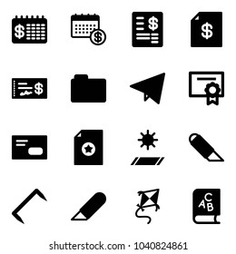 Solid vector icon set - finance calendar vector, account statement, check, folder, paper fly, certificate, envelope, mat, work knife, staple, kite, abc book