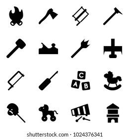 Solid vector icon set - fire vector, axe, bucksaw, mason hammer, rubber, jointer, wood drill, milling cutter, metal hacksaw, awl, abc cube, rocking horse, stick toy, wheel, xylophone, block house