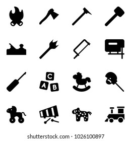 Solid vector icon set - fire vector, axe, mason hammer, rubber, jointer, wood drill, metal hacksaw, jig saw, awl, abc cube, rocking horse, stick toy, wheel, xylophone, train