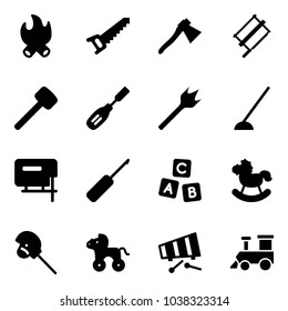 Solid vector icon set - fire vector, saw, axe, bucksaw, rubber hammer, chisel, wood drill, hoe, jig, awl, abc cube, rocking horse, stick toy, wheel, xylophone, train