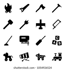 Solid vector icon set - fire vector, saw, axe, mason hammer, rubber, wood drill, milling cutter, metal hacksaw, hoe, jig, awl, abc cube, wheel horse, xylophone, toy, train