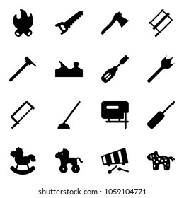 Solid vector icon set - fire vector, saw, axe, bucksaw, mason hammer, jointer, chisel, wood drill, metal hacksaw, hoe, jig, awl, rocking horse, wheel, xylophone, toy